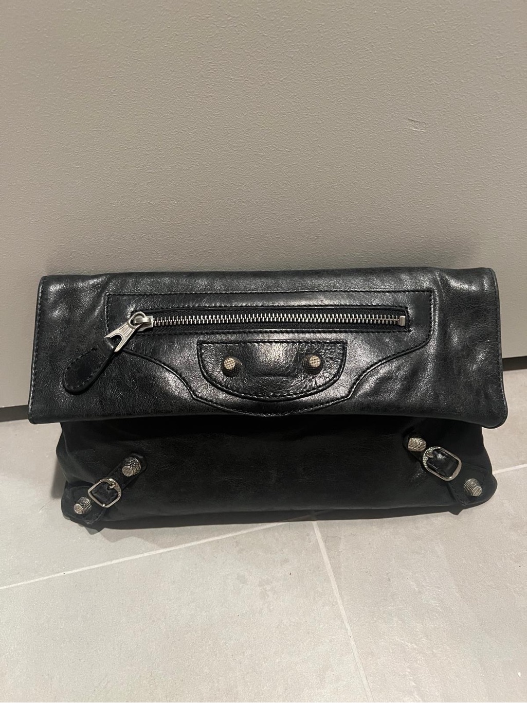 Balenciaga Black Leather Fold-Over Messenger Bag With Silver Hardware Authentic